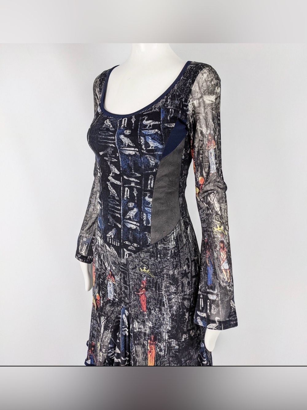 Save the Queen! Italian Mesh Dress Egyptian Hieroglyphic Print Asymmetrical Hem - Picture 4 of 11